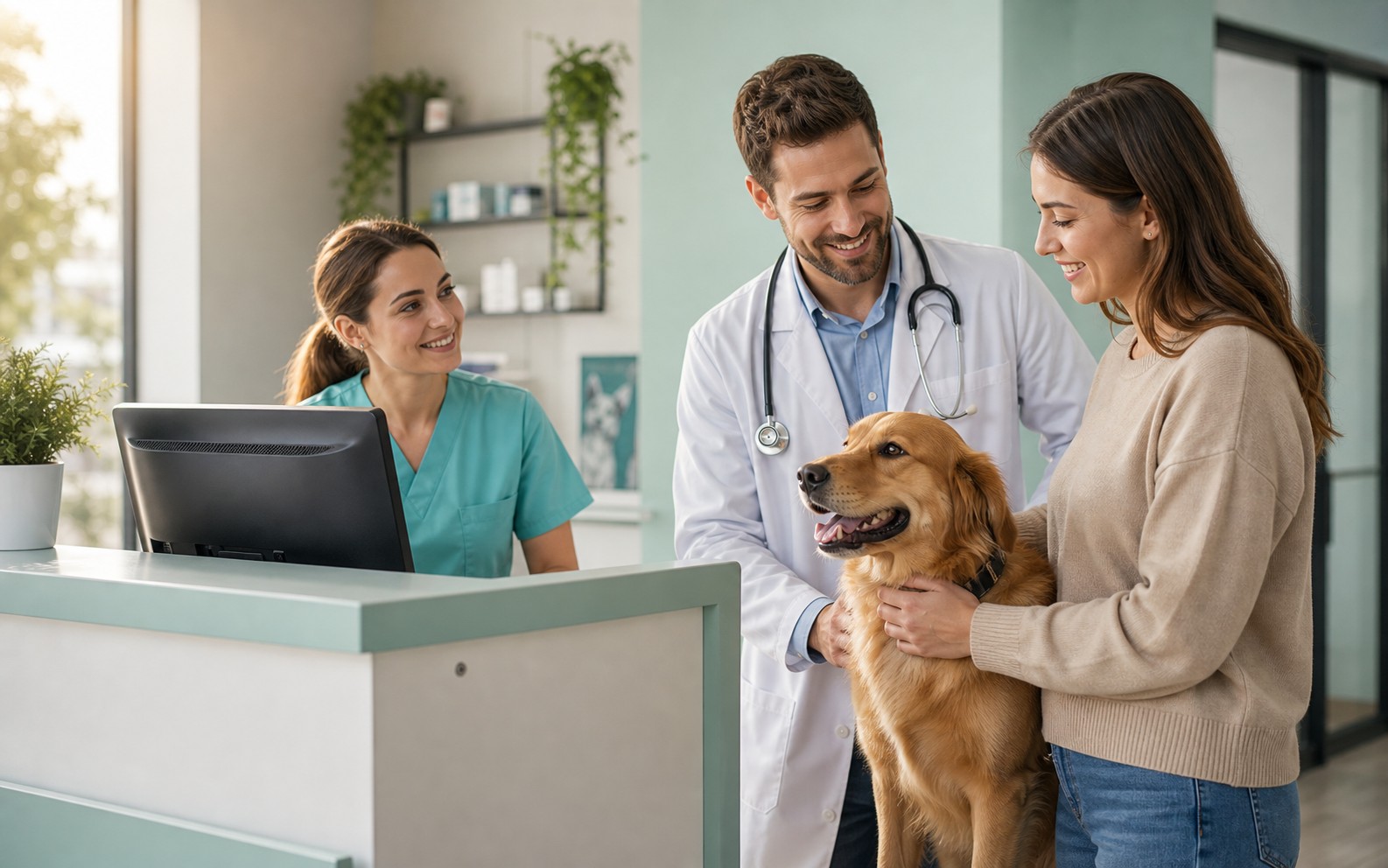 Recepcionista veterinaria reprogramando citas en una agenda digital desde el mostrador